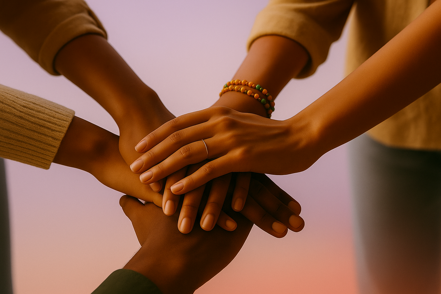 Diverse hands coming together in unity representing teamwork and collaboration